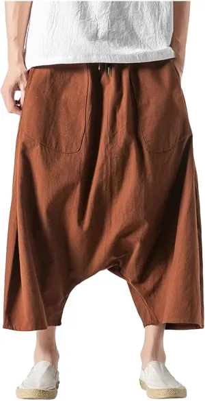 SUWBMHWE Mens Hippie Pants Harem Men Long Shorts Casual Comfy Wide-Leg Trousers Baggy Boho Beach Yoga Men's Linen Summer Uni