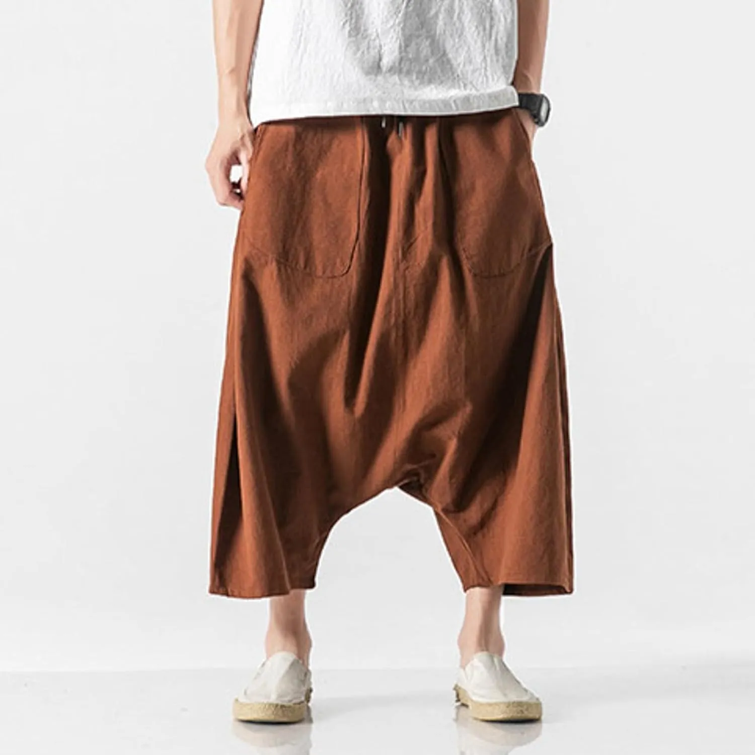SUWBMHWE Mens Hippie Pants Harem Men Long Shorts Casual Comfy Wide-Leg Trousers Baggy Boho Beach Yoga Men's Linen Summer Uni