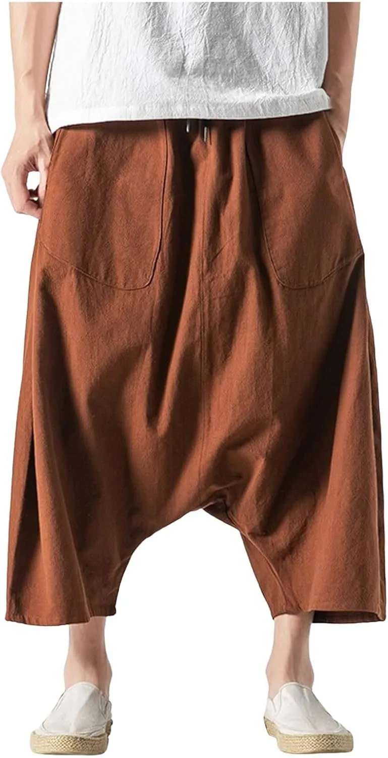 SUWBMHWE Mens Hippie Pants Harem Men Long Shorts Casual Comfy Wide-Leg Trousers Baggy Boho Beach Yoga Men's Linen Summer Uni