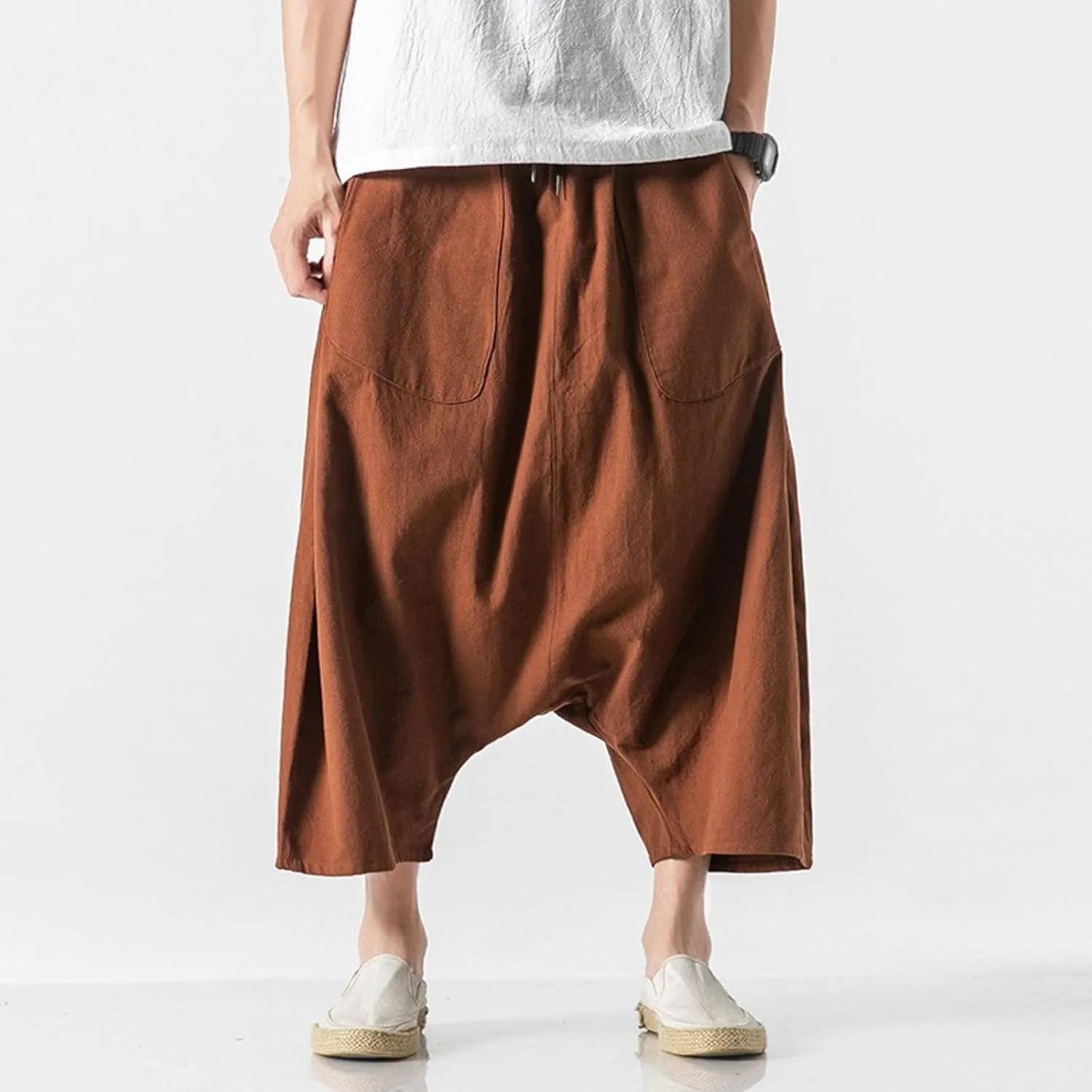 SUWBMHWE Mens Hippie Pants Harem Men Long Shorts Casual Comfy Wide-Leg Trousers Baggy Boho Beach Yoga Men's Linen Summer Uni