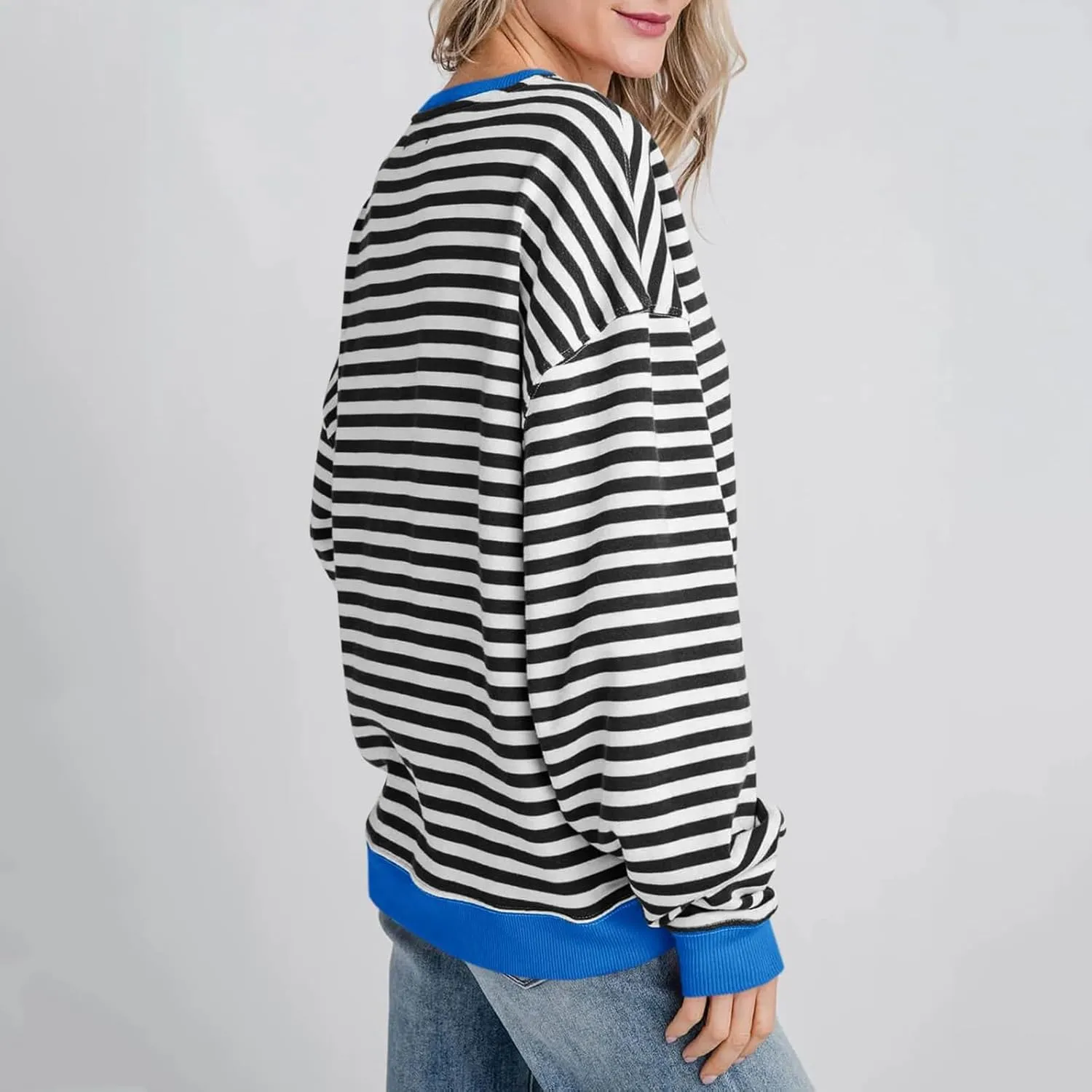 Sweaters for Women Classic Striped Oversized Crewneck Color Block Long Sleeve Casual Sweatshirt Loose Y2k Tops
