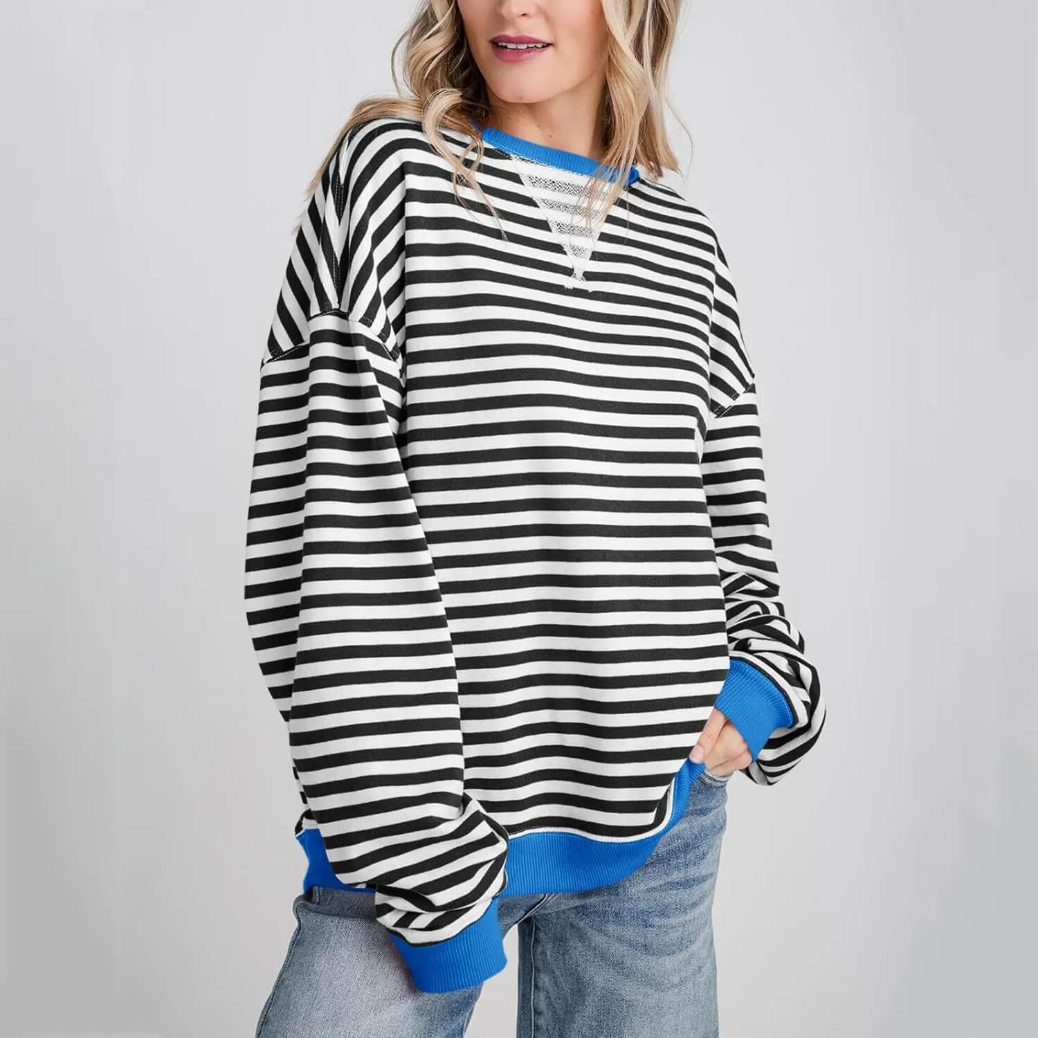 Sweaters for Women Classic Striped Oversized Crewneck Color Block Long Sleeve Casual Sweatshirt Loose Y2k Tops
