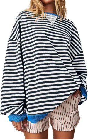 Sweaters for Women Classic Striped Oversized Crewneck Color Block Long Sleeve Casual Sweatshirt Loose Y2k Tops