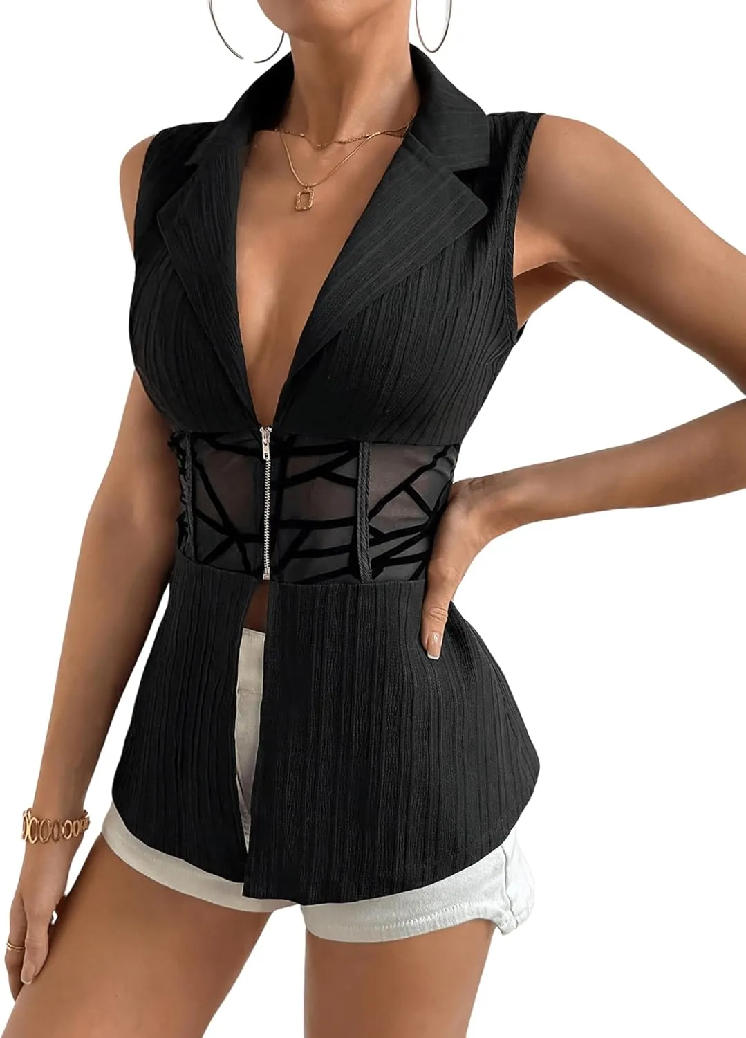 SweatyRocks Women's Lapel V Neck Sleeveless Blazer Sheer Mesh Zipper Vest Jackets