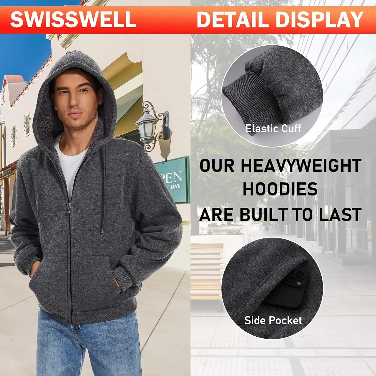 SWISSWELL Men Zip Up Hoodies Sherpa Lined Jacket Heavyweight Fleece Sweatshirt Winter Warm Hooded Coat