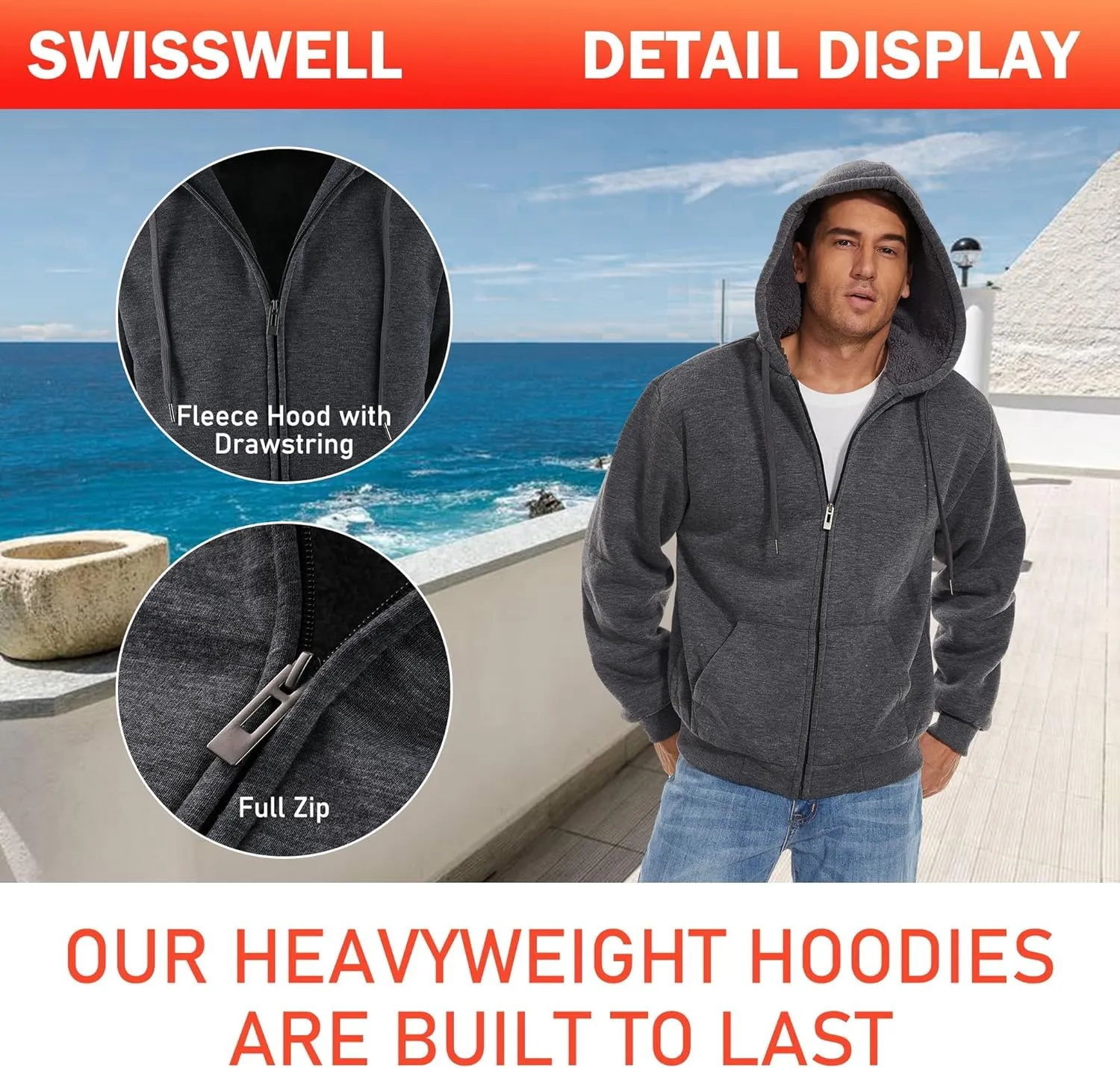 SWISSWELL Men Zip Up Hoodies Sherpa Lined Jacket Heavyweight Fleece Sweatshirt Winter Warm Hooded Coat