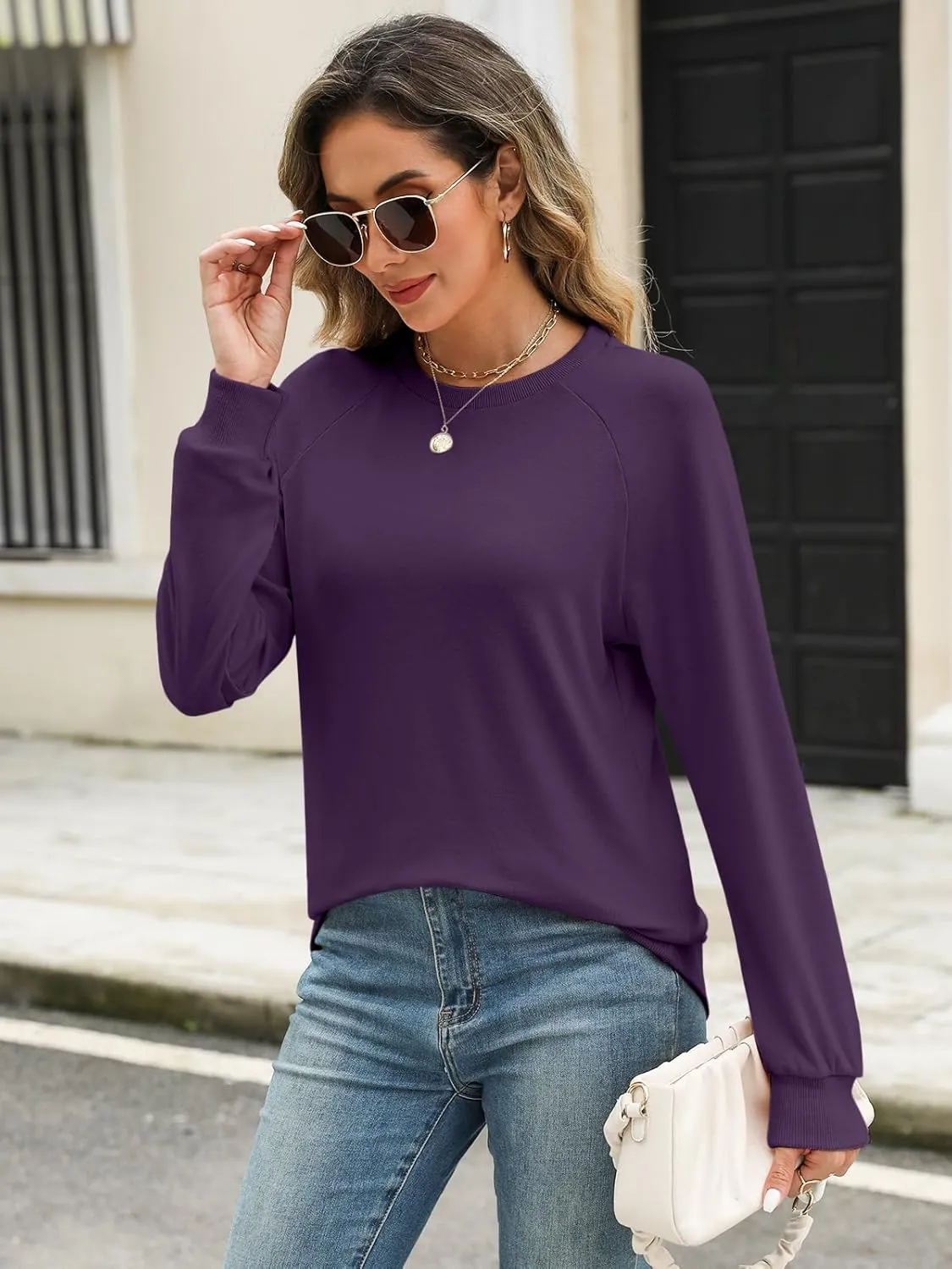 Syellowafter Womens Long Sleeve Shirts Crewneck Fall Tops Casual Loose Fit Basic Pullover Top