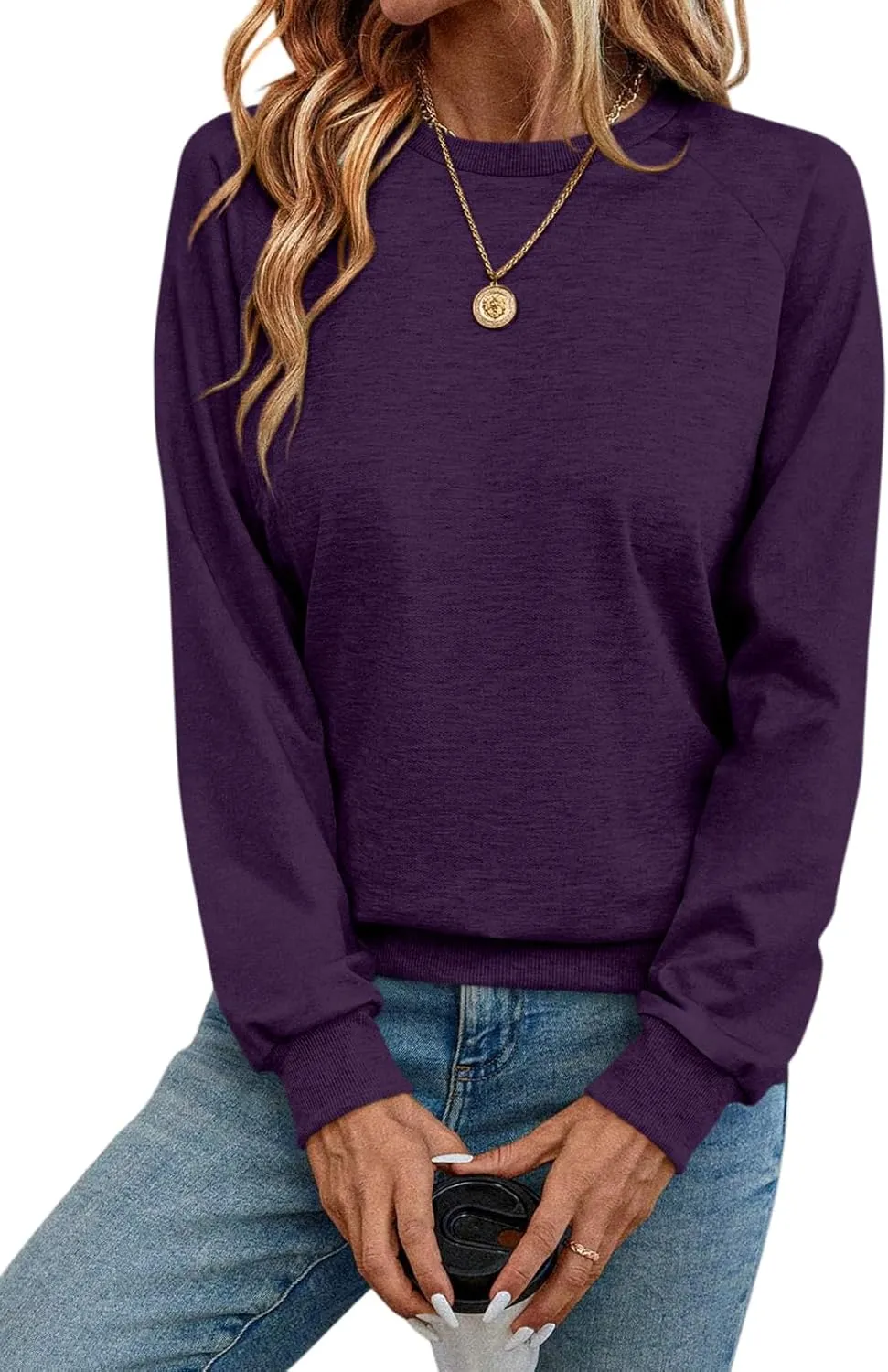 Syellowafter Womens Long Sleeve Shirts Crewneck Fall Tops Casual Loose Fit Basic Pullover Top