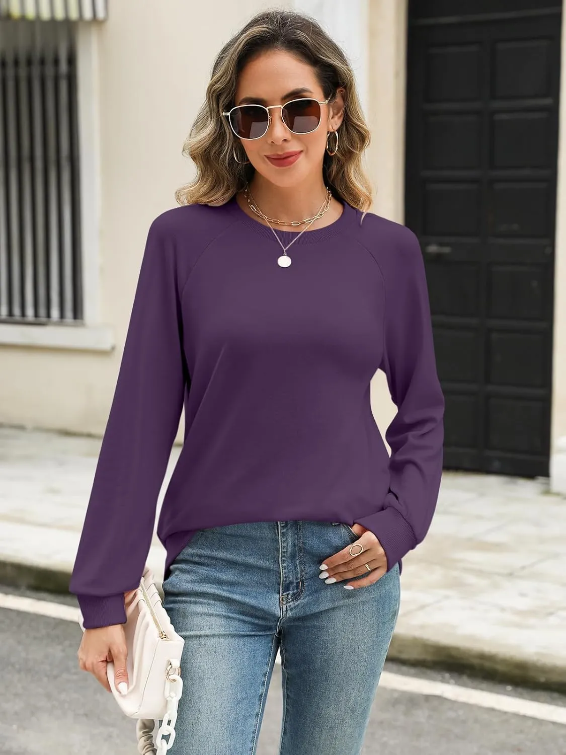 Syellowafter Womens Long Sleeve Shirts Crewneck Fall Tops Casual Loose Fit Basic Pullover Top