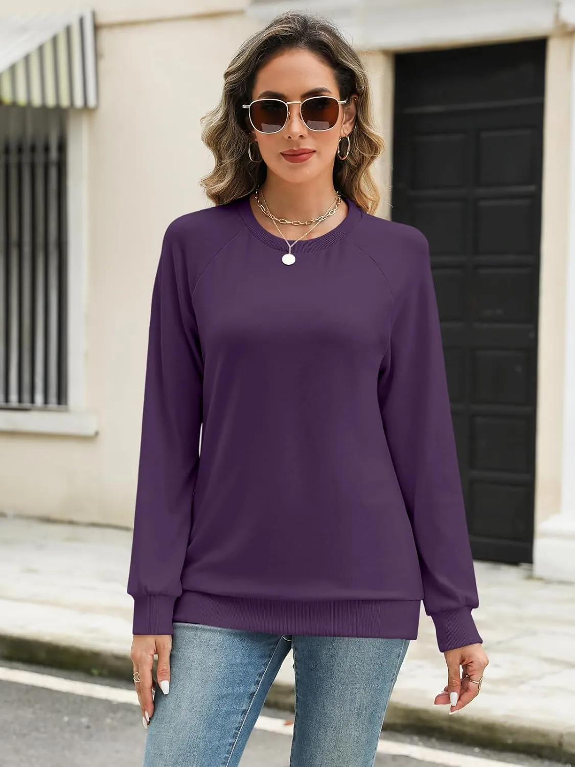 Syellowafter Womens Long Sleeve Shirts Crewneck Fall Tops Casual Loose Fit Basic Pullover Top