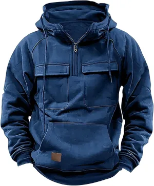 Tactical Hoodies for Men Military Workout Casual Cargo Pullover Quarter Zip Hooded Outfit Tops Heavy Weight Sweatshirt