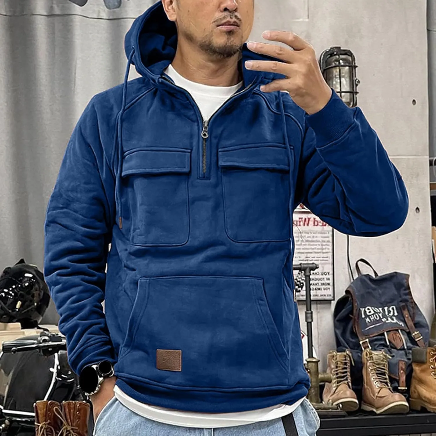 Tactical Hoodies for Men Military Workout Casual Cargo Pullover Quarter Zip Hooded Outfit Tops Heavy Weight Sweatshirt