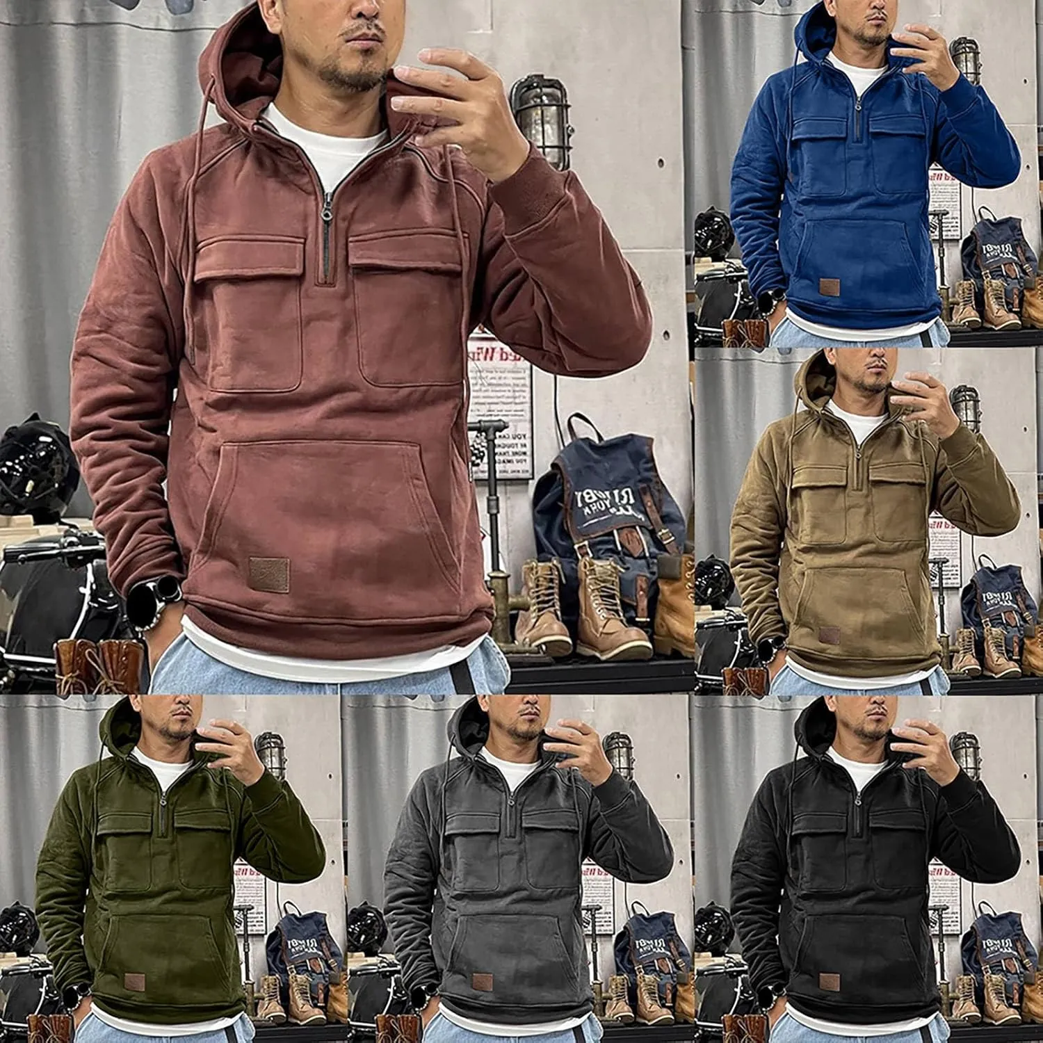 Tactical Hoodies for Men Military Workout Casual Cargo Pullover Quarter Zip Hooded Outfit Tops Heavy Weight Sweatshirt