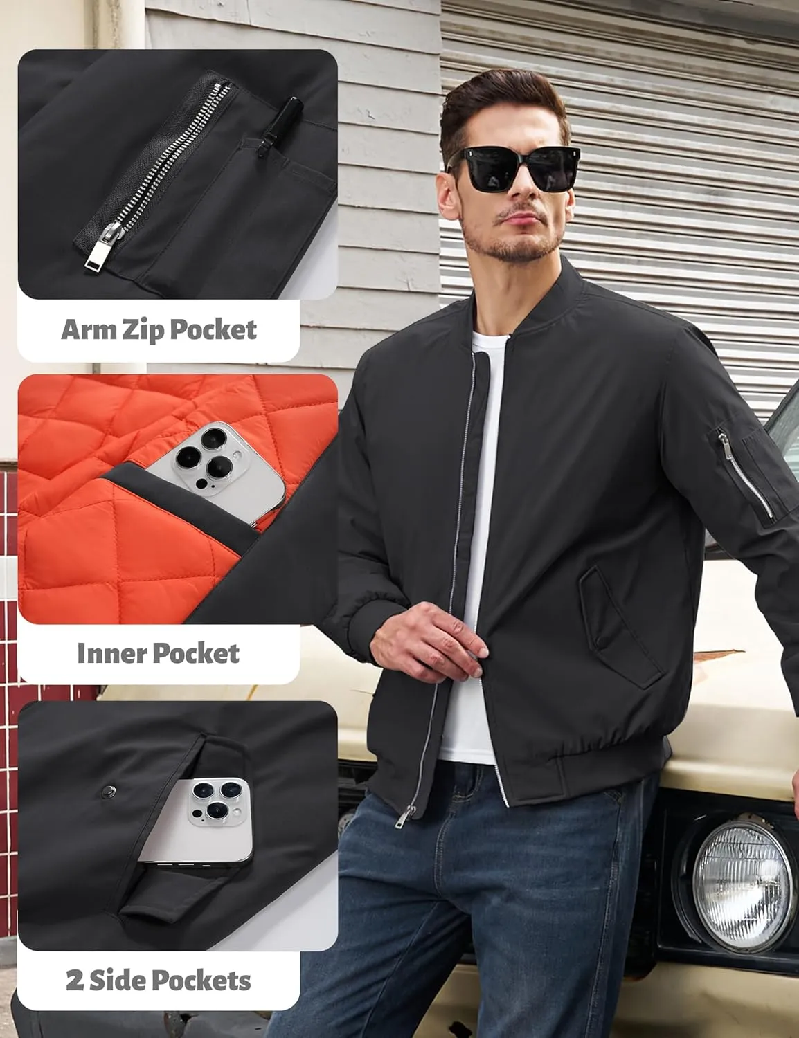 TACVASEN Mens Bomber Jacket Windproof Windbreaker Thermal Quilted Jacket Warm Winter Padded Coats