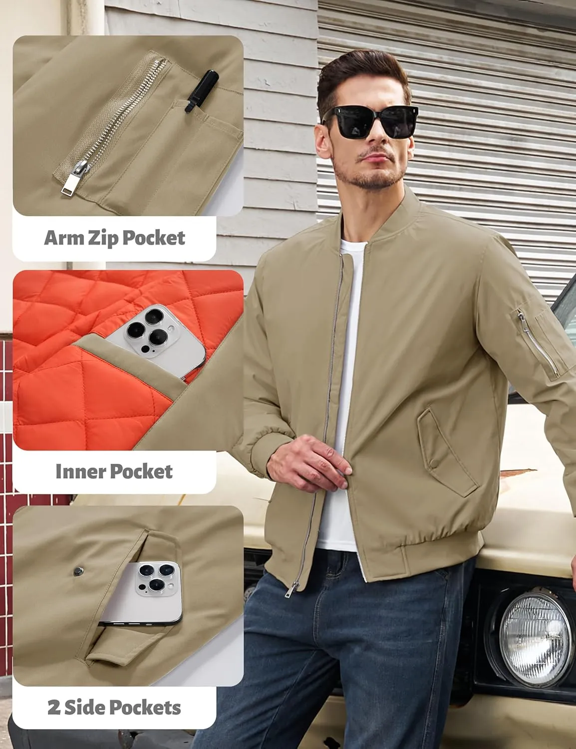 TACVASEN Mens Bomber Jacket Windproof Windbreaker Thermal Quilted Jacket Warm Winter Padded Coats