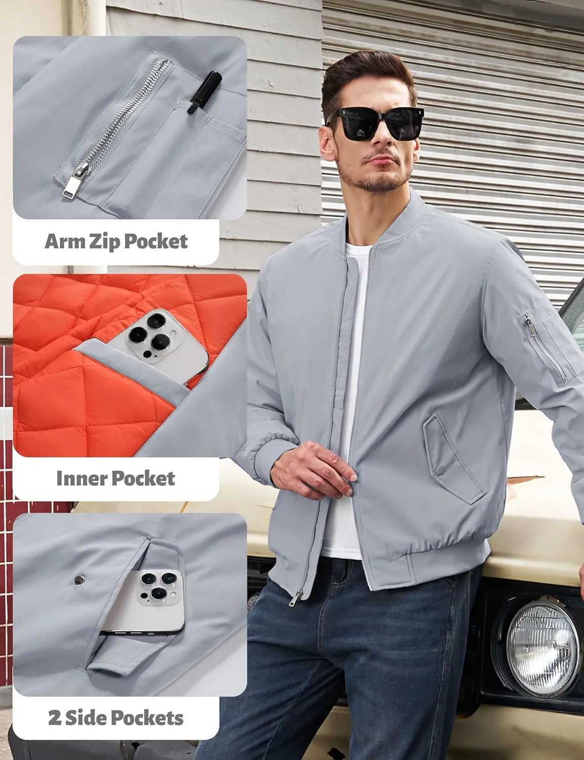 TACVASEN Mens Bomber Jacket Windproof Windbreaker Thermal Quilted Jacket Warm Winter Padded Coats