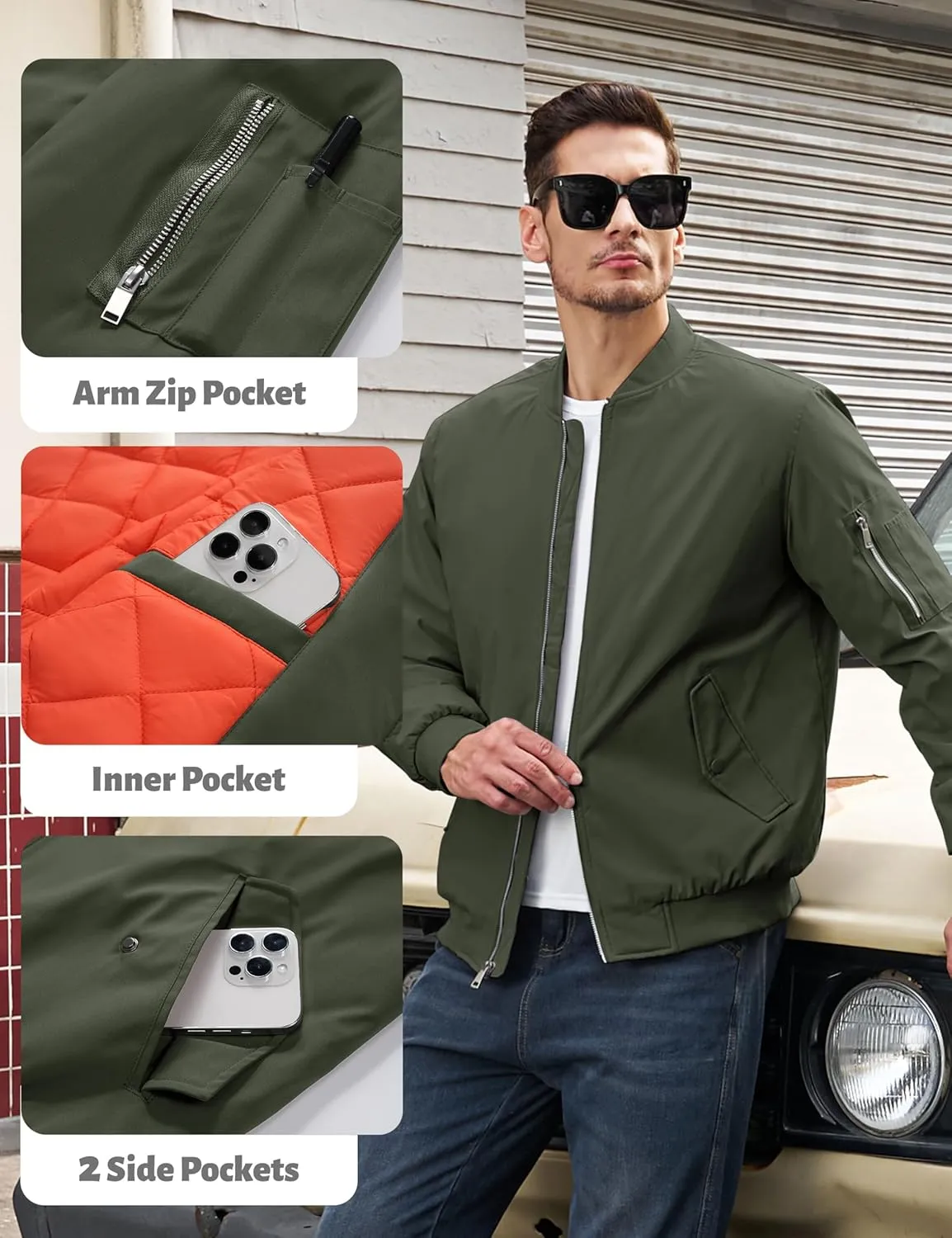 TACVASEN Mens Bomber Jacket Windproof Windbreaker Thermal Quilted Jacket Warm Winter Padded Coats