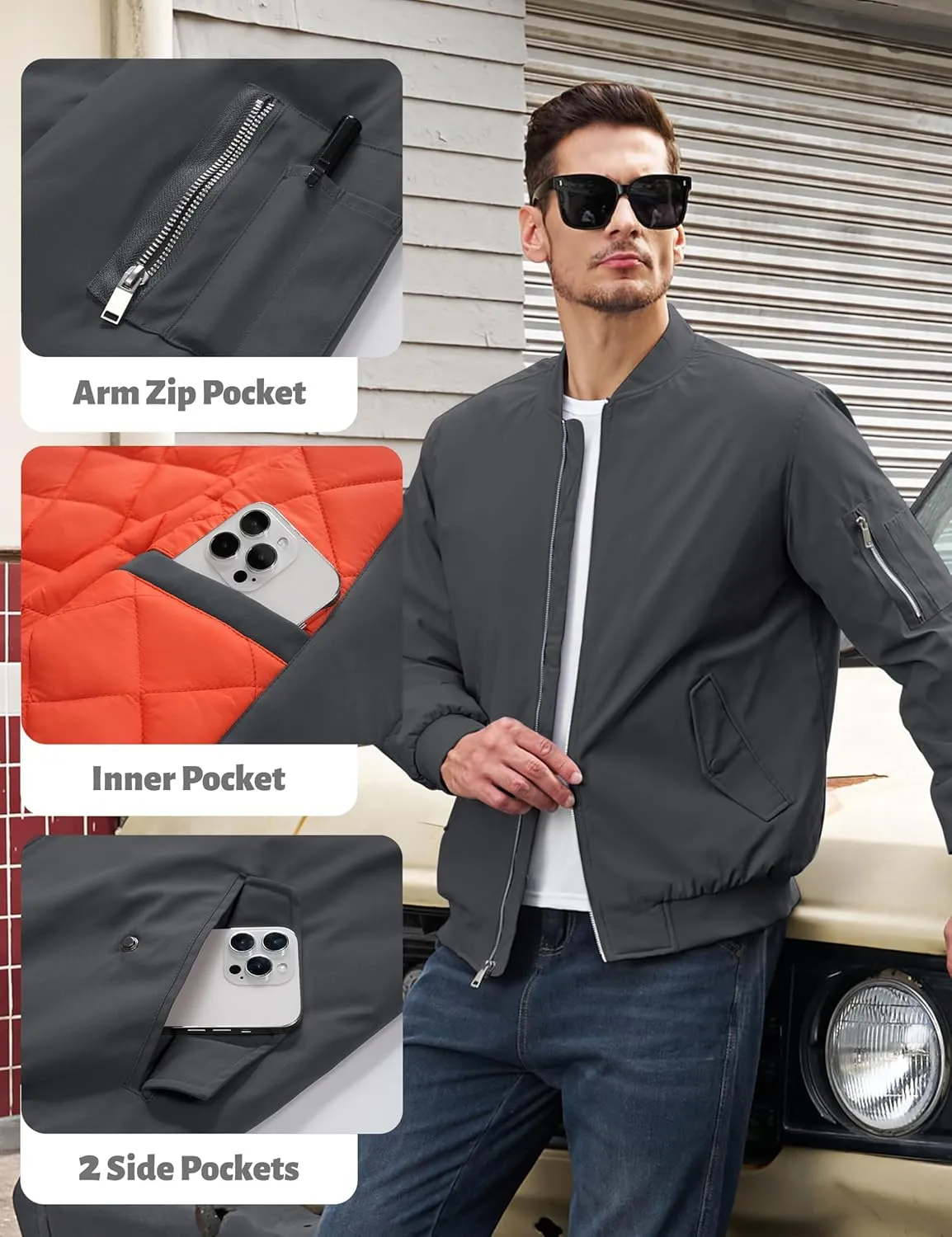 TACVASEN Mens Bomber Jacket Windproof Windbreaker Thermal Quilted Jacket Warm Winter Padded Coats