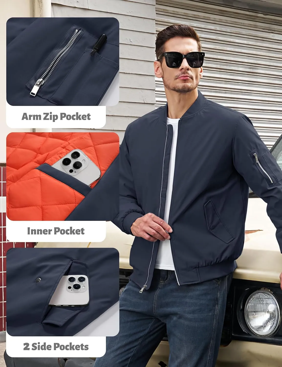 TACVASEN Mens Bomber Jacket Windproof Windbreaker Thermal Quilted Jacket Warm Winter Padded Coats
