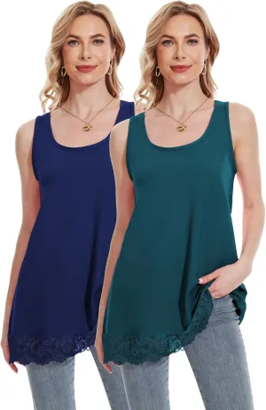 TAIPOVE Lace Camisole Tops for Women for Under Clothes Cotton Long Tank Shirt Extender Layering Sleeveless Tunic 2PKS