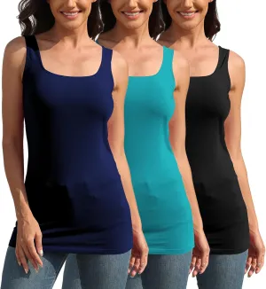 TAIPOVE Square Neck Long Tank Tops for Women Basic Sleeveless Layering Tunic Shirt Ladies Cotton Camis Undershirts 3-Pack