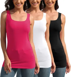 TAIPOVE Square Neck Long Tank Tops for Women Basic Sleeveless Layering Tunic Shirt Ladies Cotton Camis Undershirts 3-Pack