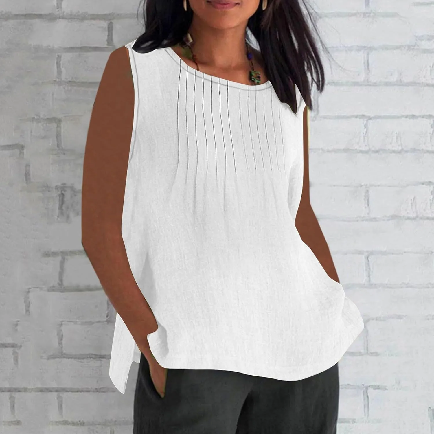 Tank Tops for Women 2025 Plus Size Pleated Side Split Camisole Tank Tops Summer Fashion Crew Neck Sleeveless Vest