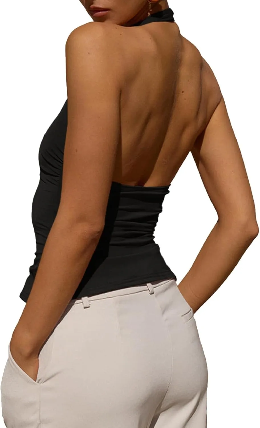 Tankaneo Womens Sexy Scoop Neck Halter Tops Backless Ruched Knit Tank Tops Summer Sleeveless Fitted Going Out Shirts