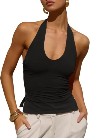 Tankaneo Womens Sexy Scoop Neck Halter Tops Backless Ruched Knit Tank Tops Summer Sleeveless Fitted Going Out Shirts