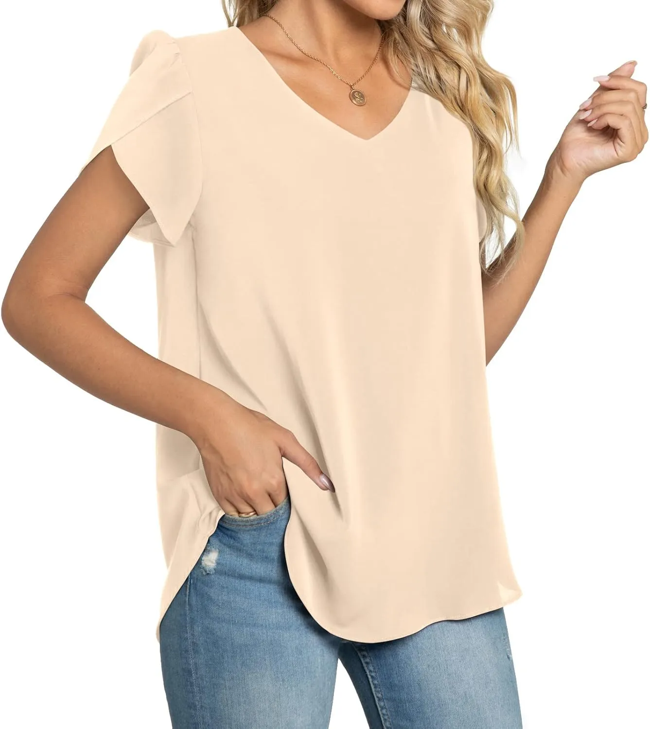 TAOHUADAO Womens 2024 Summer Casual Dressy Shirts V Neck Petal Short Sleeve Chiffon Tops