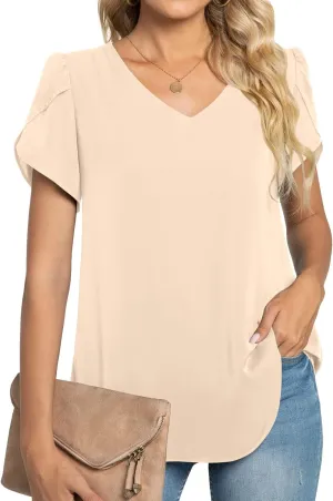 TAOHUADAO Womens 2024 Summer Casual Dressy Shirts V Neck Petal Short Sleeve Chiffon Tops