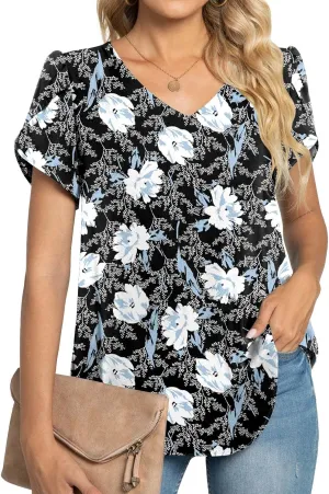 TAOHUADAO Womens 2024 Summer Casual Dressy Shirts V Neck Petal Short Sleeve Chiffon Tops