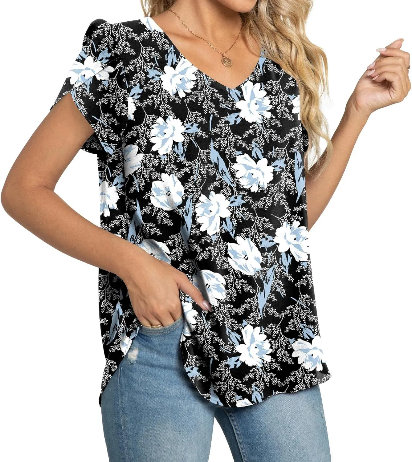 TAOHUADAO Womens 2024 Summer Casual Dressy Shirts V Neck Petal Short Sleeve Chiffon Tops