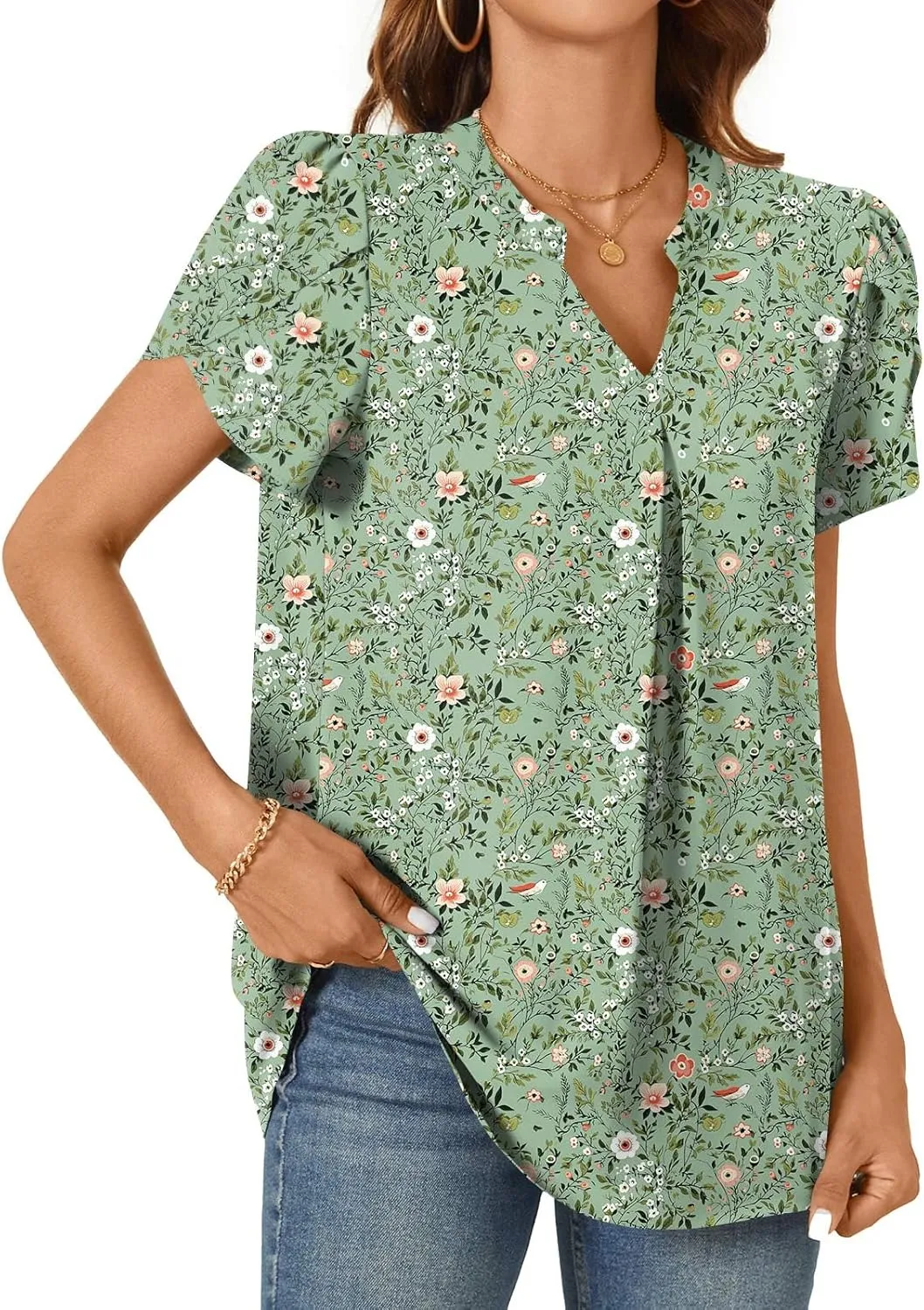 TAOHUADAO Womens Summer Dressy Chiffon Blouses Short Sleeve V Neck Tops for Leggings Casual T-Shirts