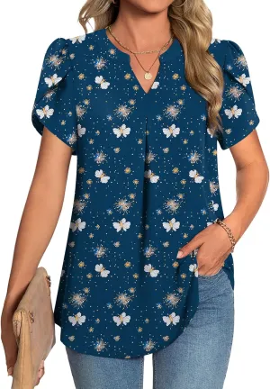 TAOHUADAO Womens Summer Dressy Chiffon Blouses Short Sleeve V Neck Tops for Leggings Casual T-Shirts