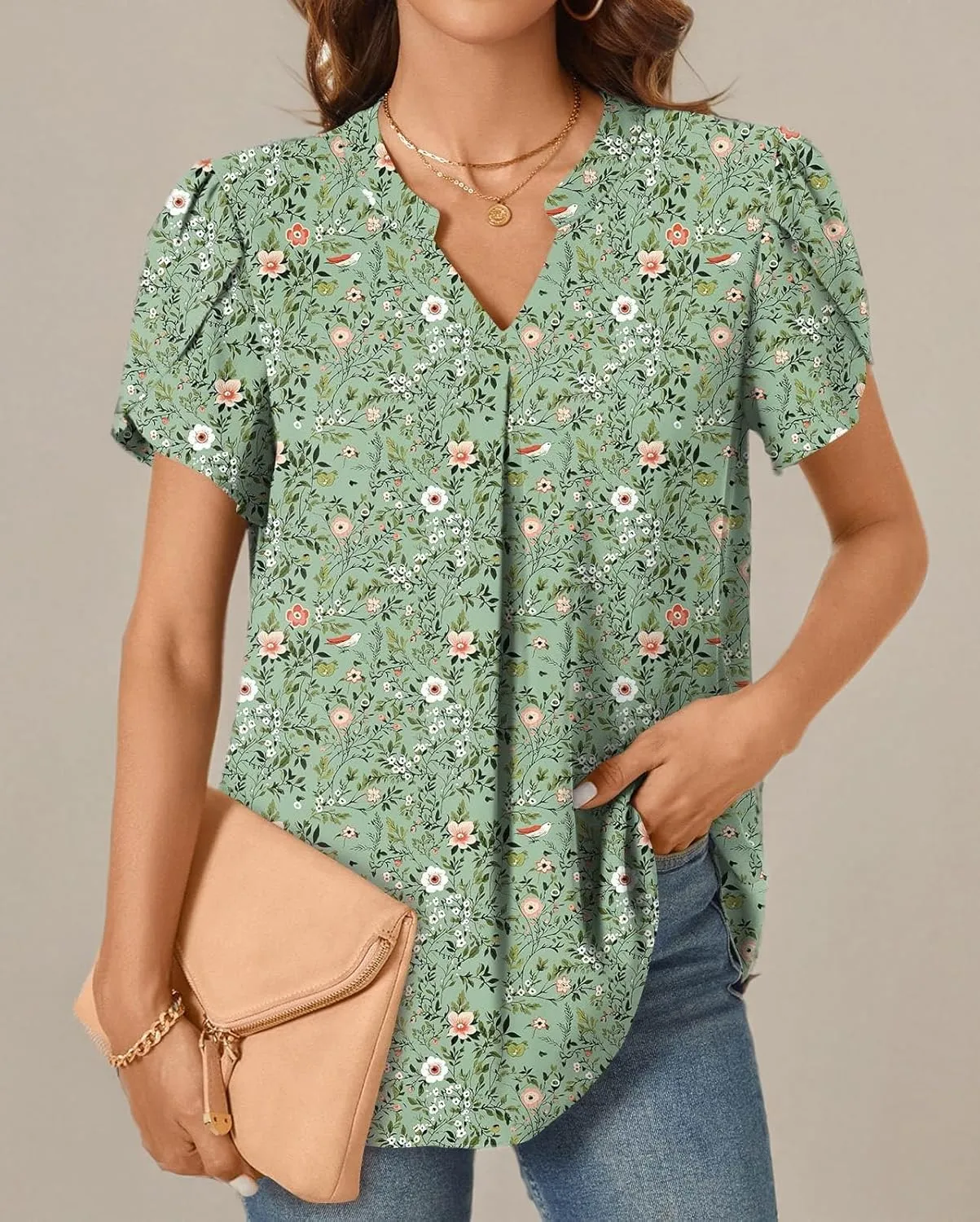 TAOHUADAO Womens Summer Dressy Chiffon Blouses Short Sleeve V Neck Tops for Leggings Casual T-Shirts
