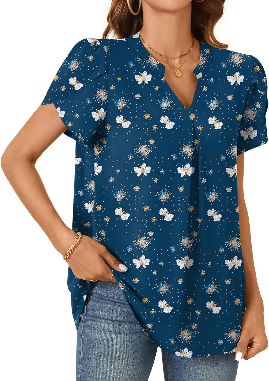 TAOHUADAO Womens Summer Dressy Chiffon Blouses Short Sleeve V Neck Tops for Leggings Casual T-Shirts