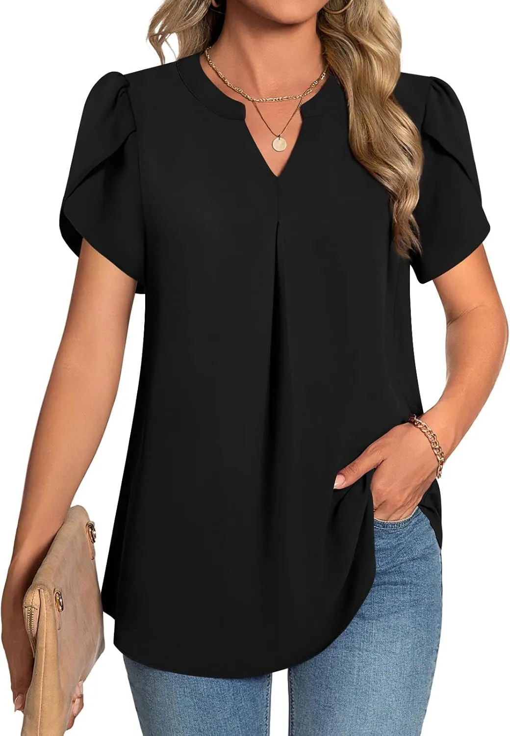 TAOHUADAO Womens Summer Dressy Chiffon Blouses Short Sleeve V Neck Tops for Leggings Casual T-Shirts