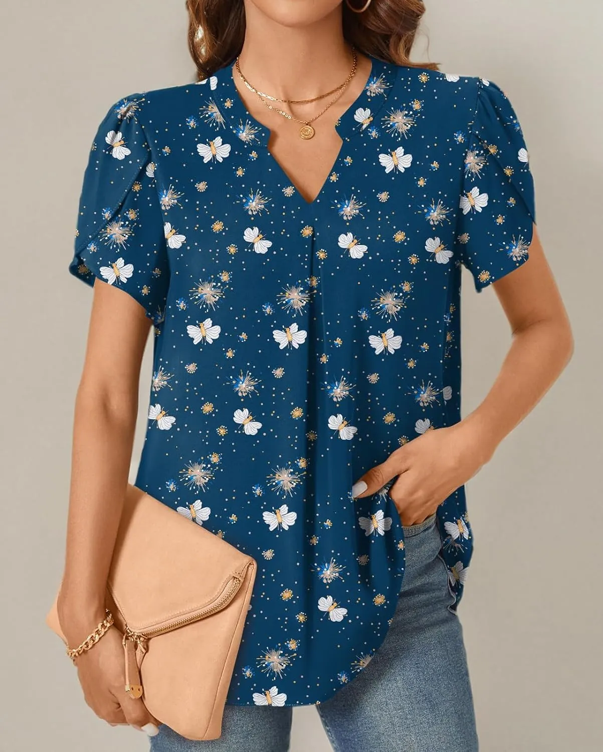 TAOHUADAO Womens Summer Dressy Chiffon Blouses Short Sleeve V Neck Tops for Leggings Casual T-Shirts