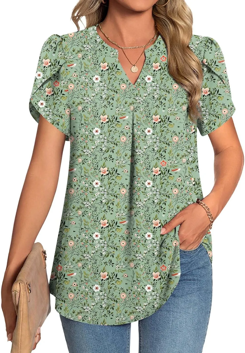 TAOHUADAO Womens Summer Dressy Chiffon Blouses Short Sleeve V Neck Tops for Leggings Casual T-Shirts