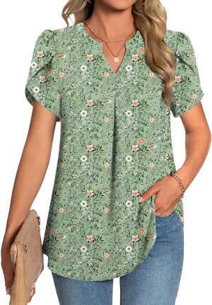 TAOHUADAO Womens Summer Dressy Chiffon Blouses Short Sleeve V Neck Tops for Leggings Casual T-Shirts