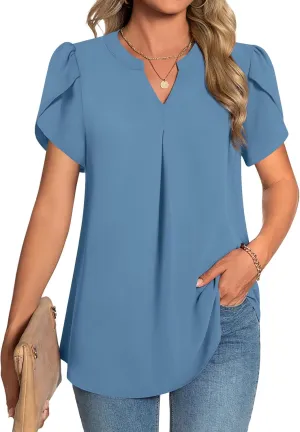 TAOHUADAO Womens Summer Dressy Chiffon Blouses Short Sleeve V Neck Tops for Leggings Casual T-Shirts
