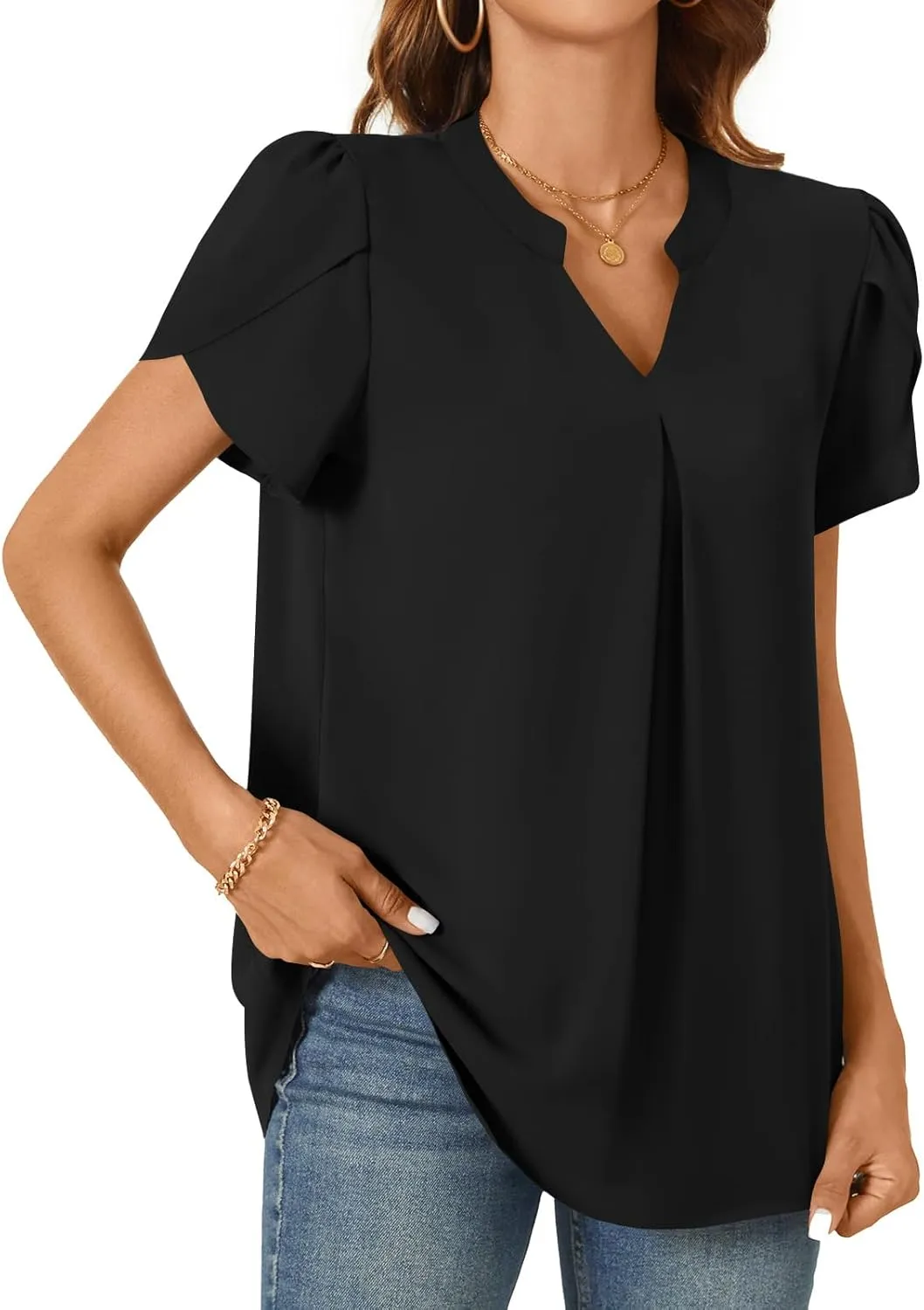 TAOHUADAO Womens Summer Dressy Chiffon Blouses Short Sleeve V Neck Tops for Leggings Casual T-Shirts