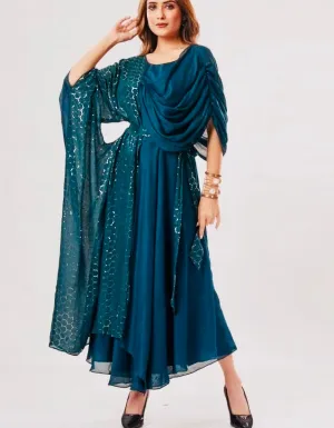 TEAL BLUE HUED INDO WESTERN STYLE FULL LENGTH KURTI