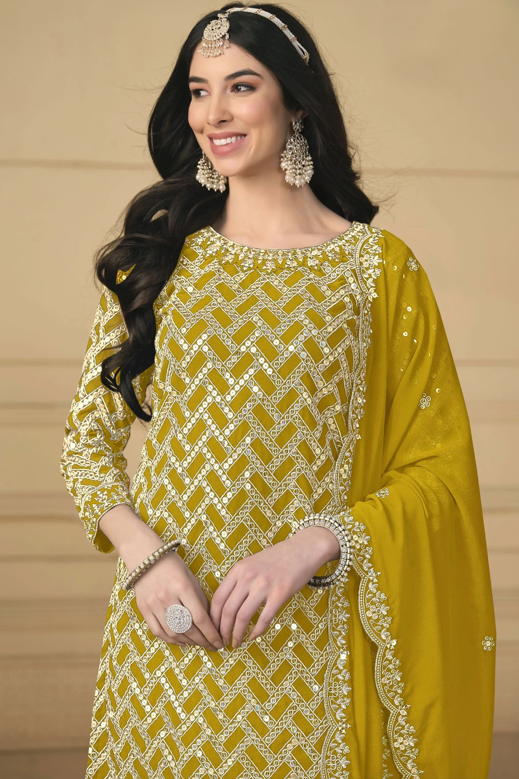 Tempting Georgette Fabric Mustard Color Festival Wear Palazzo Suit