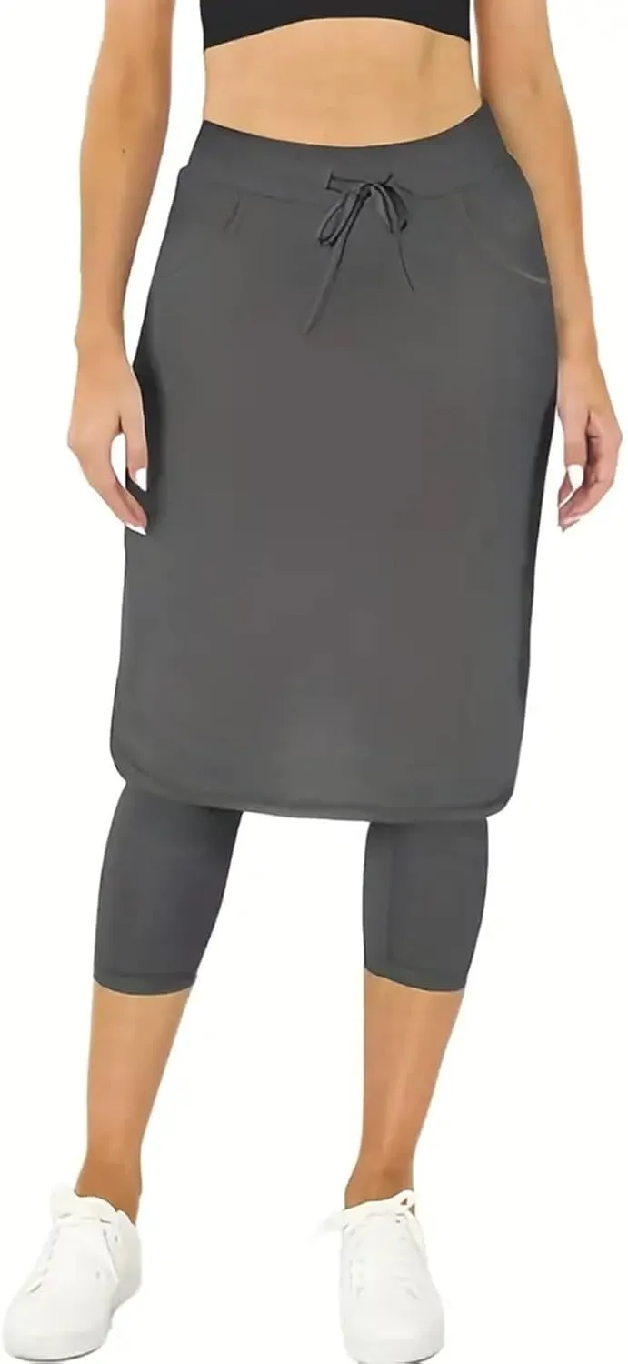 Tennis Skirts for Women Athletic Knee Length Golf Casual Skorts Shorts Sports Drawstring Waist Skirt with Pockets