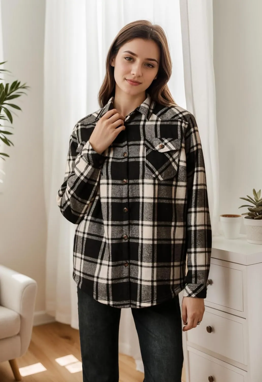 ThCreasa Womens Sherpa Lined Flannel Jacket with Hand Pockets, Plaid Button Down Fuzzy Shirt Jackets