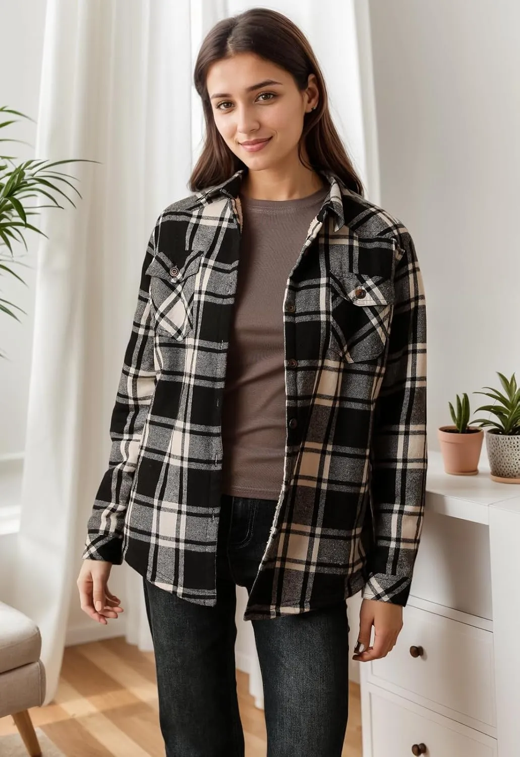 ThCreasa Womens Sherpa Lined Flannel Jacket with Hand Pockets, Plaid Button Down Fuzzy Shirt Jackets