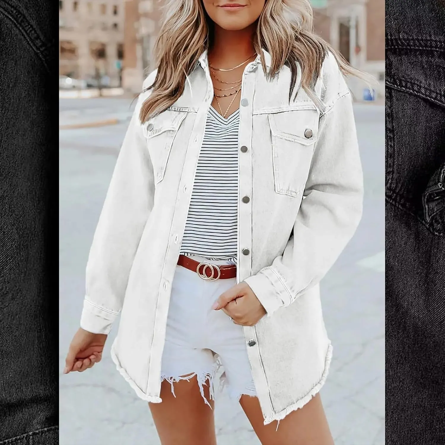 The Beauty North Denim Jacket Casual Denim Button Down Distressed Jacket Long Jean Jackets for Women