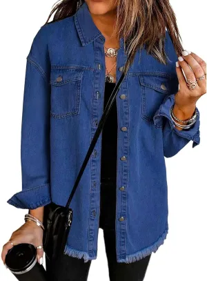 The Beauty North Denim Jacket Casual Denim Button Down Distressed Jacket Long Jean Jackets for Women
